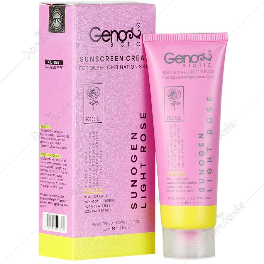 کرم ضد آفتاب رنگی ژنوبایوتیک مدل سانوژن رز روشن (Sunogen Light Rose) مناسب پوست چرب و مختلط حجم ۵۰ میلی‌لیتر